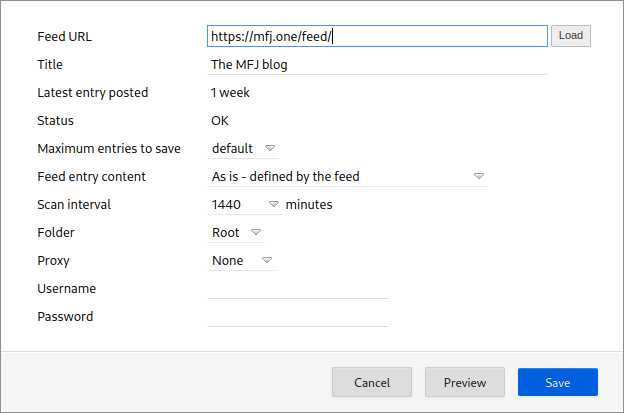 Download extension and subscribe to https://mfj.one/feed/ - other settings are optional.